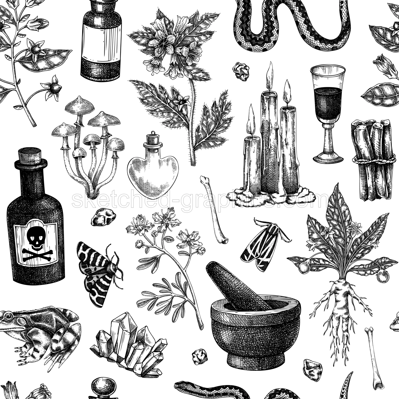 Witchcraft seamless pattern. Bohemian background. Witch herbs, poisonous plants, magic ingredients and floral elements. NOT AI generated Illustration